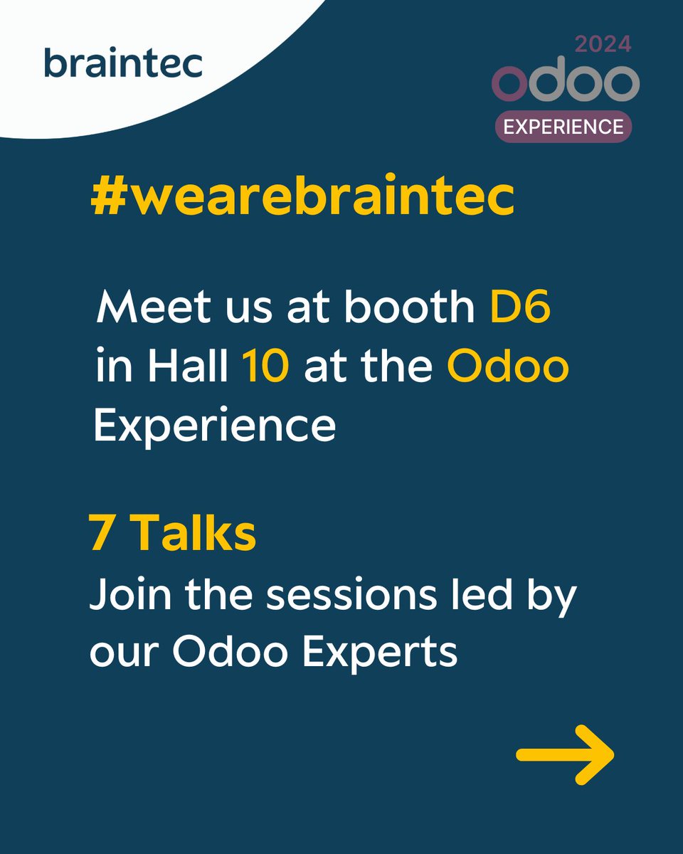 wearebraintec's tweet photo. The countdown to #OdooExperience 2024 is on! 🚀

Join us from Oct 2-4 at booth D6, Hall 10, Brussels Expo. Coffee, chocolate, and insights await! ☕🍫 Don’t miss our 7 talks by #OdooExperts. See you there! 

#OdooCommunity #OdooGoldPartner #wearebraintec #weempowerforthefuture https://t.co/2Q1zKJaIp2