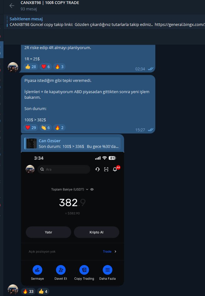 canozsuer's tweet photo. CANXBT99 | 100$ > 376$ 📈

CANXBT98 | 100$ > 382$ 📈

CANXBT97 | 100$ > 92$ 📉

Tüm işlemler Telegram kanalında şeffaf bir şekilde paylaşılmıştır. ☑️

İşlemleri kopyalamak ve Telegram kanalına katılmak için DM'den sadece ''COPY'' yazın.

Alımlar bu gece 00:00'da kapanacaktır, kolay gelsin. 🫡