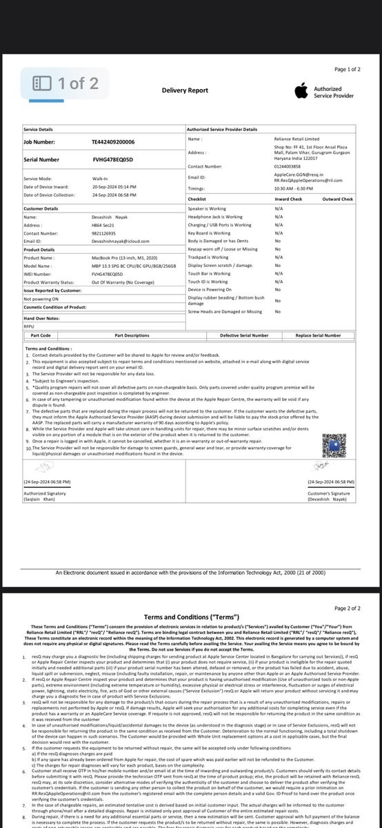 DevashishNayak8's tweet image. @Apple @RelianceResQ I was charged ₹2200 for a service at an Apple Authorized Service Center, but I didn’t receive any payment receipt. The delivery report doesn’t mention any charges either. This is unacceptable! Please resolve this. #AppleService #NeedTransparency