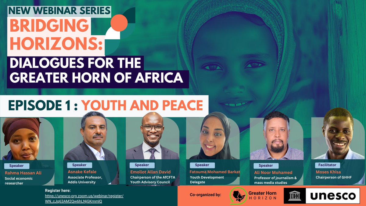 🔴 [#WEBINAR 1] Launch of "Bridging Horizons: Dialogues for the Greater #HornOfAfrica" this Friday! 💬 Session #1: #Youth &amp; #Peace in the Horn of Africa.
📅 Sept 27 | 4:30 PM EAT | 1:30 PM GMT
➡️ Register here 👉 bit.ly/3BifSJG
🎙️ Speakers from #Kenya🇰🇪 , #Somalia 🇸🇴 ,
