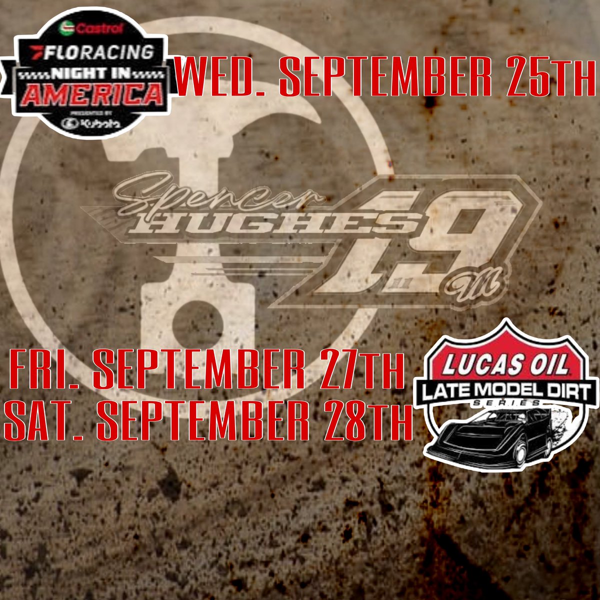 UP NEXT for <a href="/spencer_hughes1/">Spencer Hughes</a> &amp; JCM Motorsports:

📍<a href="/btownspeedway/">Brownstown Speedway</a> 
🗓️WED. September 25th
Castrol FloRacing Night In America
$20,000 to win
🗓️FRI. September 27th
Lucas Oil Late Model Dirt Series
$10,000 to win 
🗓️SAT. September 28th
Lucas Oil Late Model Dirt Series 
$50,000 to win