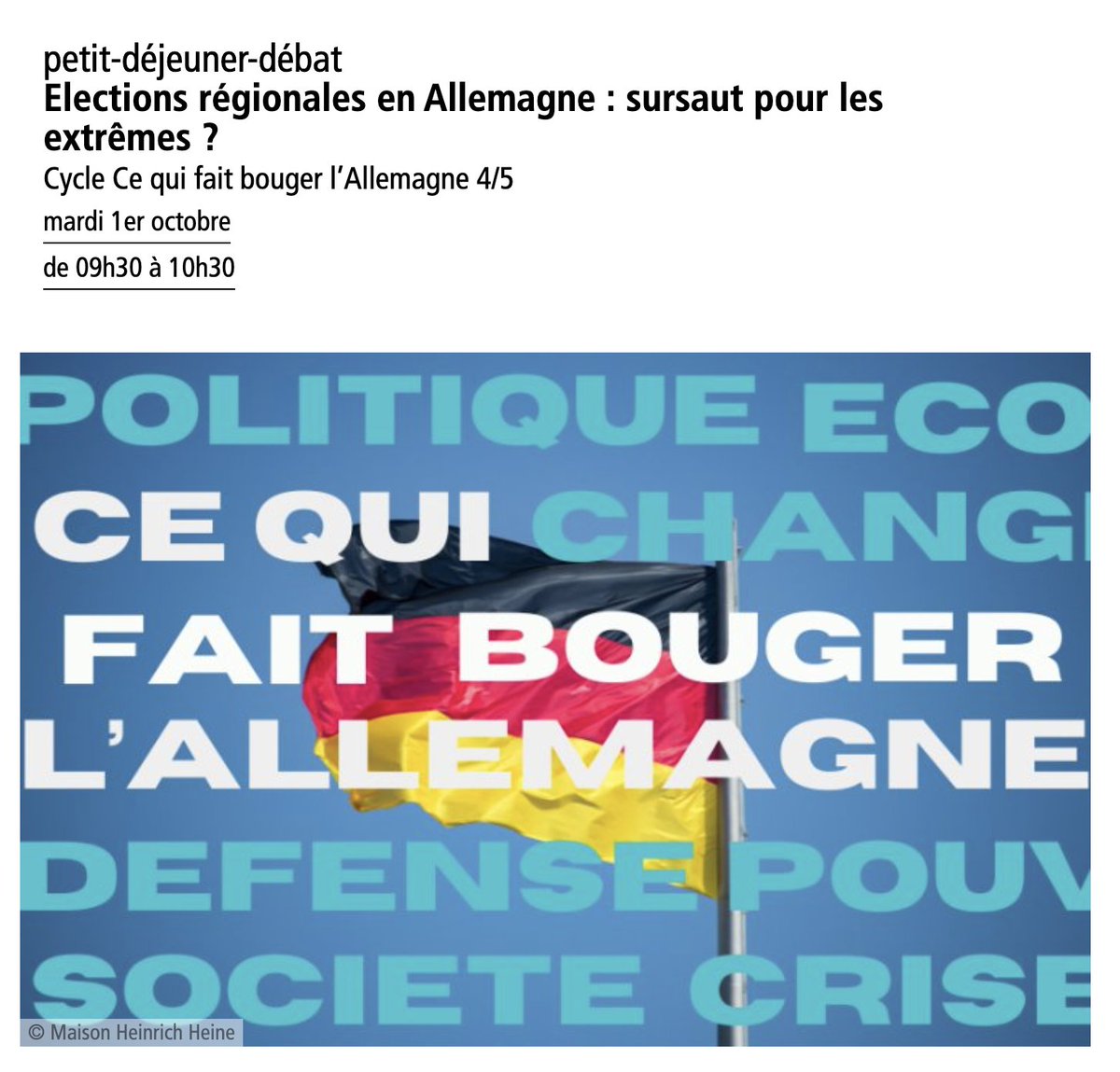 IFRI_'s tweet photo. [📌Inscriptions conférence] 🗳️🇩🇪 Élections régionales en #Allemagne : sursaut pour les extrêmes ?

Rendez-vous le mardi 1er octobre, de 9h30 à 10h30 à la @MHH_Paris pour un débat co-organisé par le @CerfaIfri, autour de @Pl_Maurice, @su_jeanette, Martin Baloge et @VDubslaf.➡️ https://t.co/vWTsAz6u8E