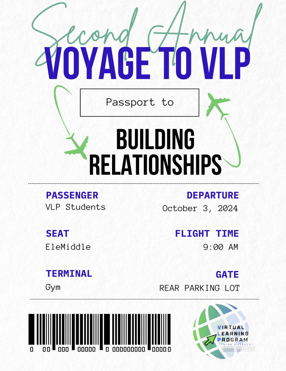 🌍✈️ Elementary and Middle Grade studentsare you ready to take flight? 

Join us for our Second Annual Meet and Greet on October 3rd from 9 AM to 12 PM! 

Let's connect, collaborate, and create unforgettable journeys together. Don't miss out! 🚀 #VoyageToVLP  #CCPSVLP