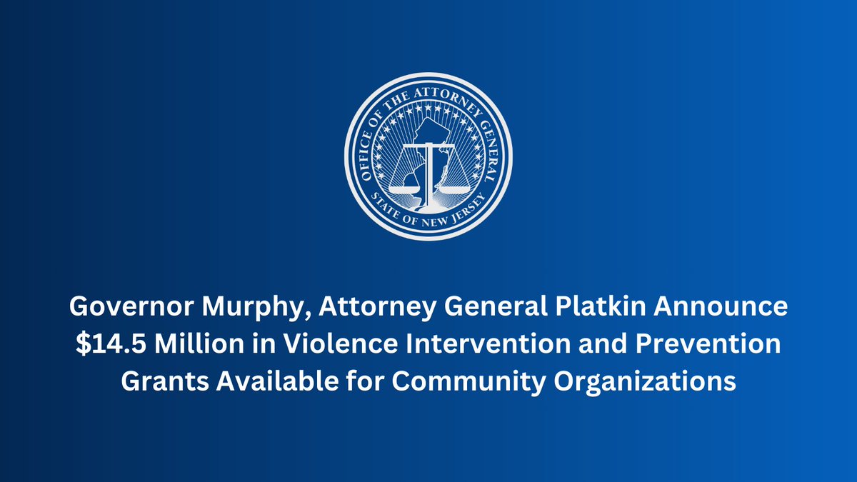 NewJerseyOAG's tweet image. Communities in NJ are safer thanks to our partners running violence intervention programs. With the support of @GovMurphy, another $14.5M is now available to support this innovative, evidence-informed work that disrupts cycles of violence. 

njoag.gov/governor-murph…