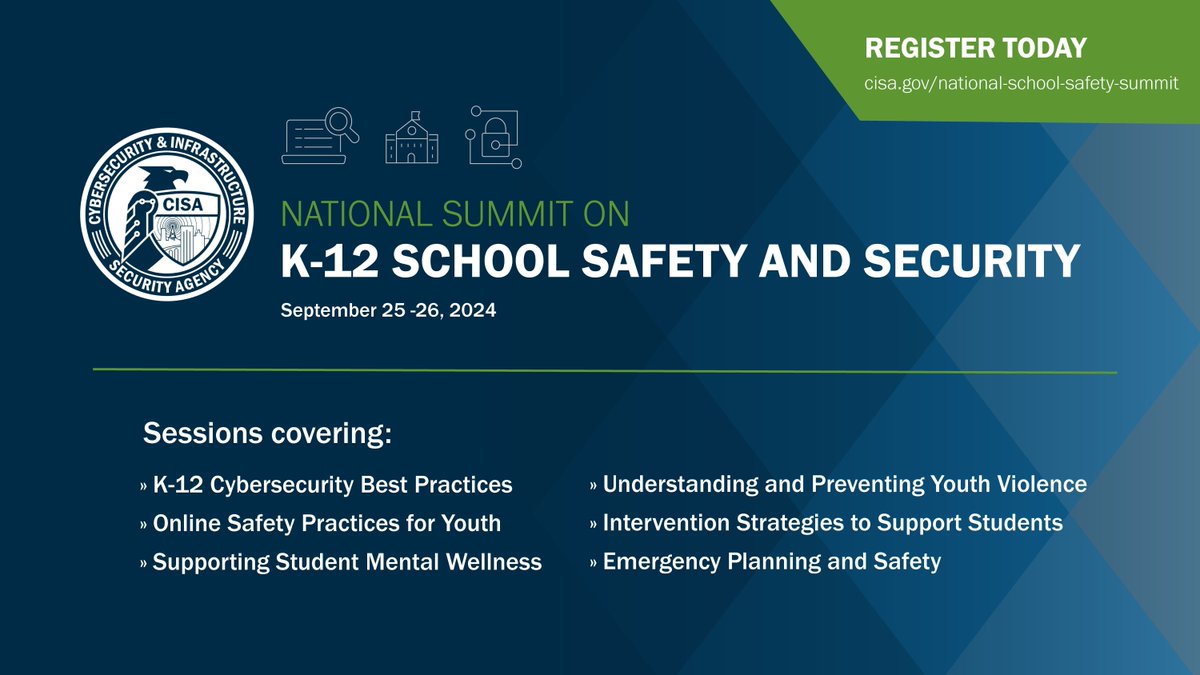 MicheleGay_'s tweet image. I'm proud to join @CISAgov’s 2024 National Summit on K-12 School Safety &amp;amp; Security again this year, happening on Sept. 25 &amp;amp; 26. This free, virtual event will bring together leaders to discuss critical safety issues facing #K12 schools. Join me: bit.ly/3zuc8UN