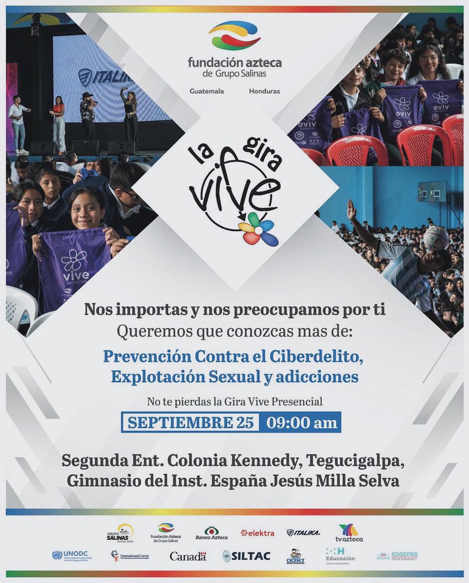 ¡Atención a todos! 📢

Los invitamos a la Gira "Vive" donde abordaremos temas cruciales sobre la prevención del ciberdelito, la explotación sexual y las adicciones. 

🗓 **Fecha:*25 de septiembre  
🕘 **Hora:* 9:00 AM  
📍 **Lugar:*Gimnasio del Instituto Jesús Milla Selva