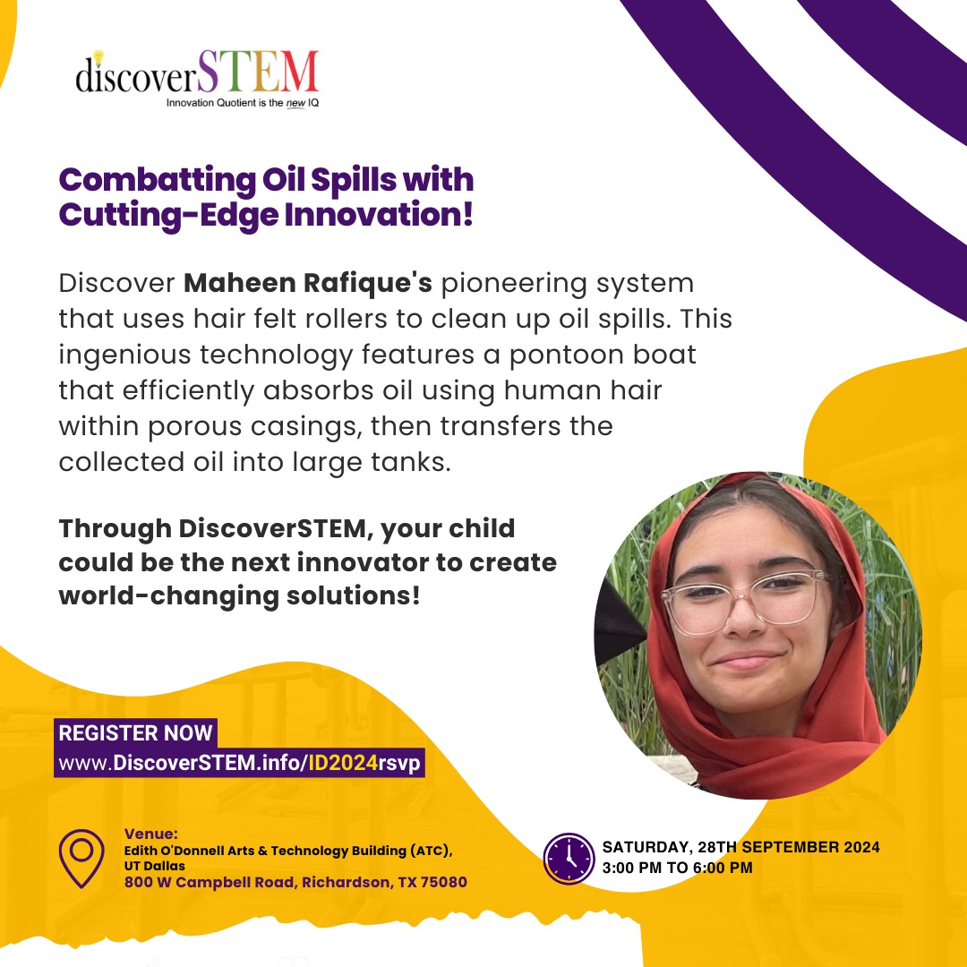 🛢🌊 Revolutionizing oil spill cleanup! 

Maheen Rafique's ingenious system utilizes human hair felt rollers to efficiently absorb oil from contaminated waters. 

DiscoverSTEM.info/ID2024rsvp

#DiscoverSTEM #ID2024 #EnvironmentalScience