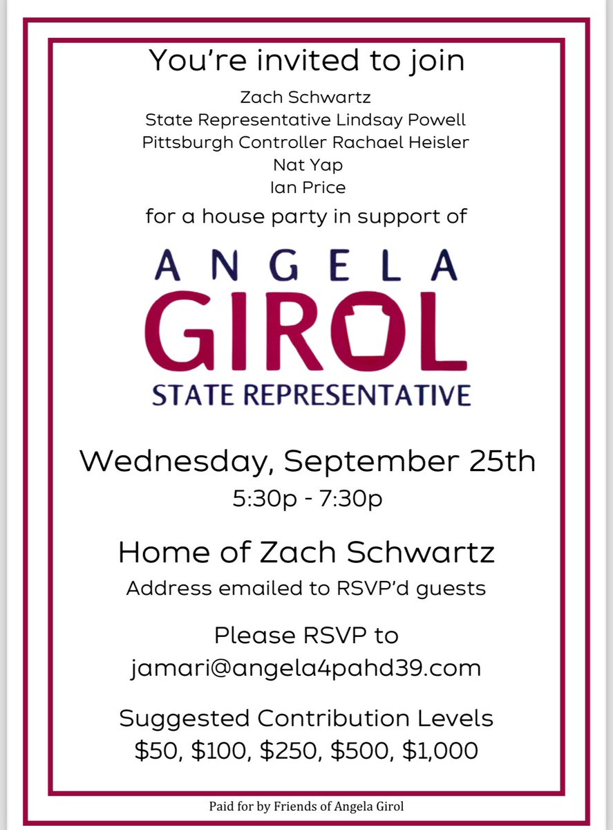 Girol4PA's tweet photo. TOMORROW! 🎉 Join us from 5:30-7:30 PM at Zach Schwartz’s home for a house party supporting Angela Girol’s campaign for PA State House! With special guests State Rep. @lindsayforpa, Pittsburgh Controller Rachael Heisler, Nat Yap &amp; Ian Price. RSVP: jamari@angela4pahd39.com https://t.co/KLlK2eMJmd