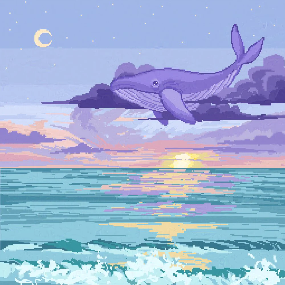 pixel art illustration of a pastel ocean with clouds. in the foreground clouds there is a whale