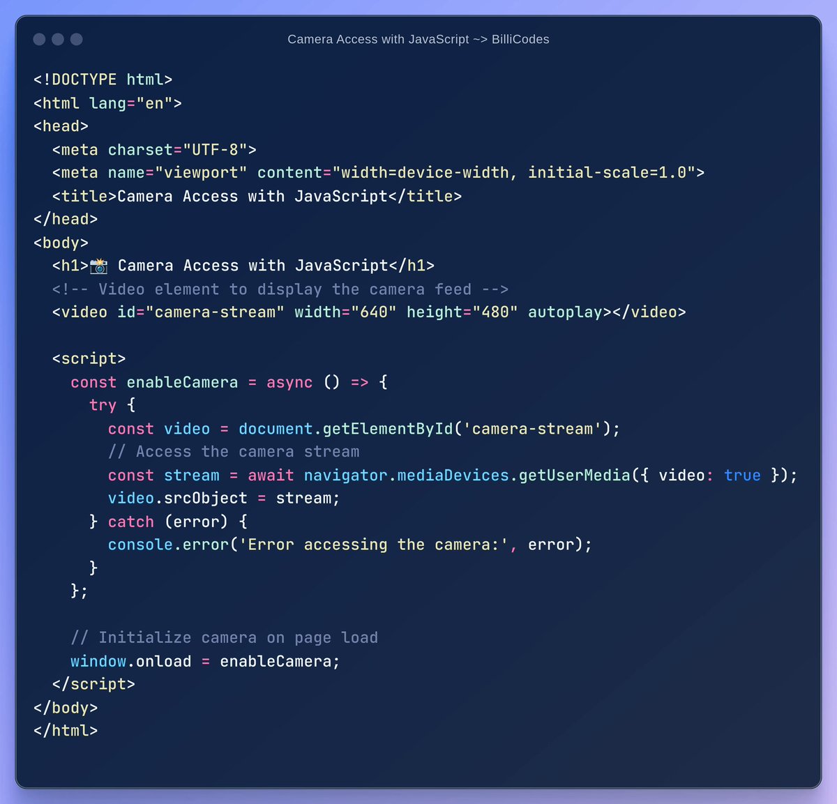 AdelDeveloperX's tweet photo. ✨ الوصول إلى الكاميرا باستخدام JavaScript 📸: اكتشف كيف يمكنك تفعيل كاميرا جهازك ببضع أسطر من الأكواد فقط! https://t.co/MVnIWtncfe
