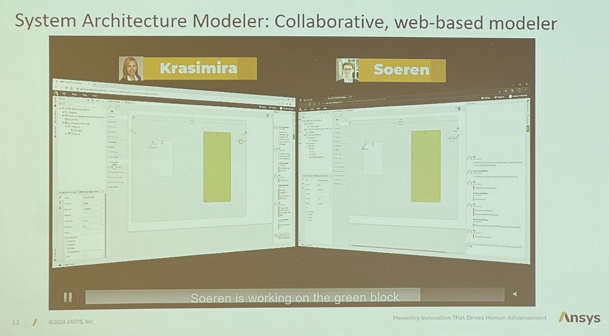 seidewitz's tweet image. Thierry Le Sergent from @ANSYS is now discussing the Ansys Digital Engineering Methodology and the collaborative Ansys System Architecture modeler for #SysML v2. Templates for the methodology are defined in a library modeled with SysML v2!