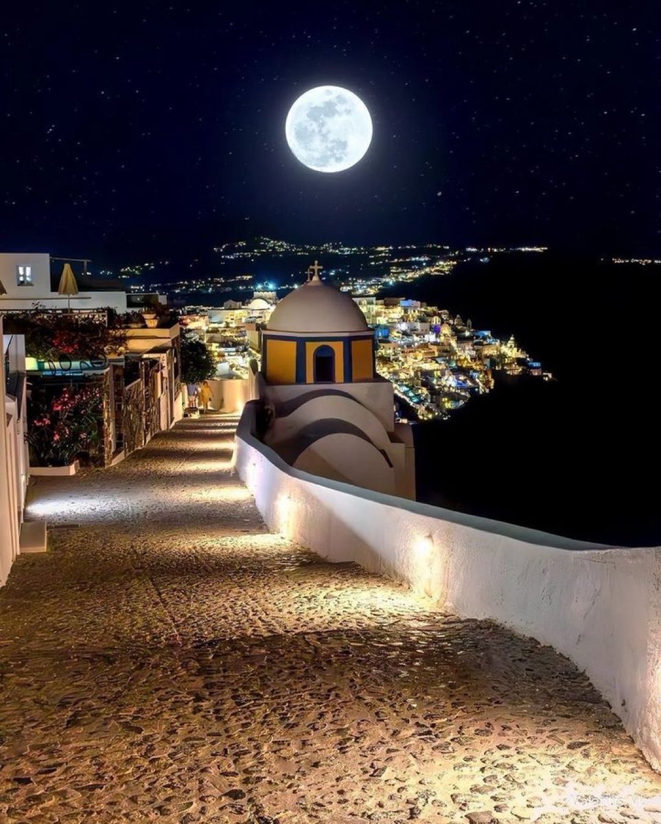 Full Moon over Santorini, Greece.