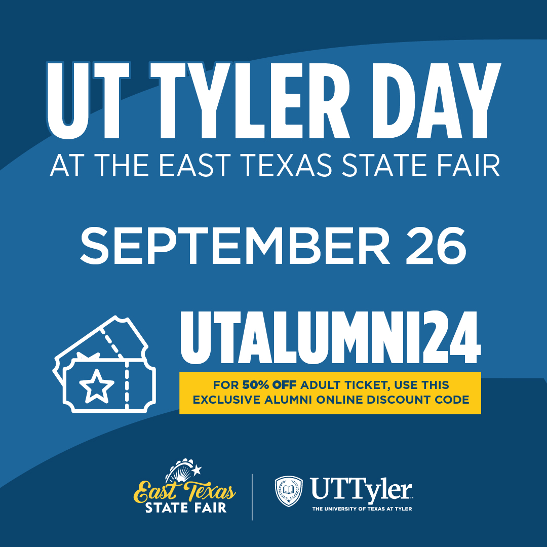 UTTylerAlumni's tweet photo. The East Texas State Fair is back! UT Tyler Day is THIS Thursday, September 26! All @uttyler alums can use the discount code UTALUMNI24 for 50% off the purchase of an adult ticket! 🎟️🎡 
#UTTylerAlumni#EastTexasStateFair

Get your tickets: https://t.co/1wWZj6Tz6Q https://t.co/1IOoOBJjq1