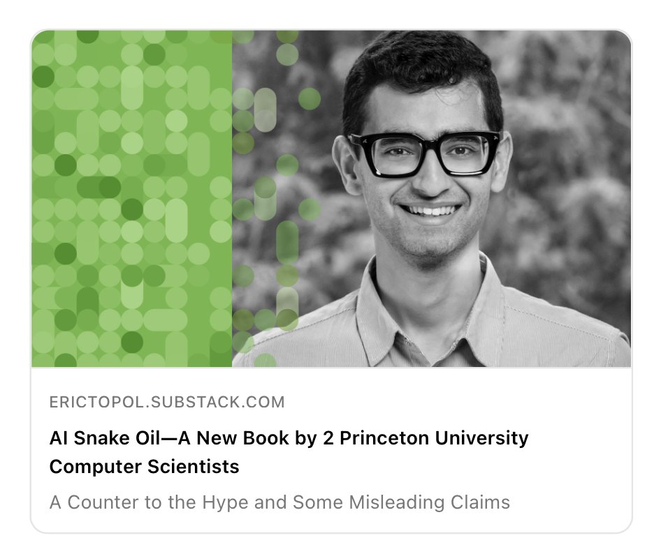 Is #AI snake oil?  Some of it is, as asserted by <a href="/random_walker/">Arvind Narayanan</a> and <a href="/sayashk/">Sayash Kapoor</a> in a new book published today <a href="/PrincetonUPress/">Princeton University Press</a>.
It's the subject of a new Ground Truths podcast, with transcript and links to key papers. 
Open-access, no ads. link in profile