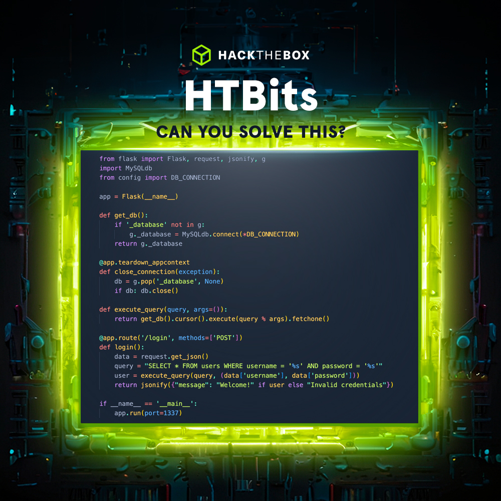 Challenge time ⏰
Can you identify the vulnerability in the snippet below? Share your answer in the thread!

#HackTheBox #HTB #Cybersecurity #InformationSecurity #Cybersec