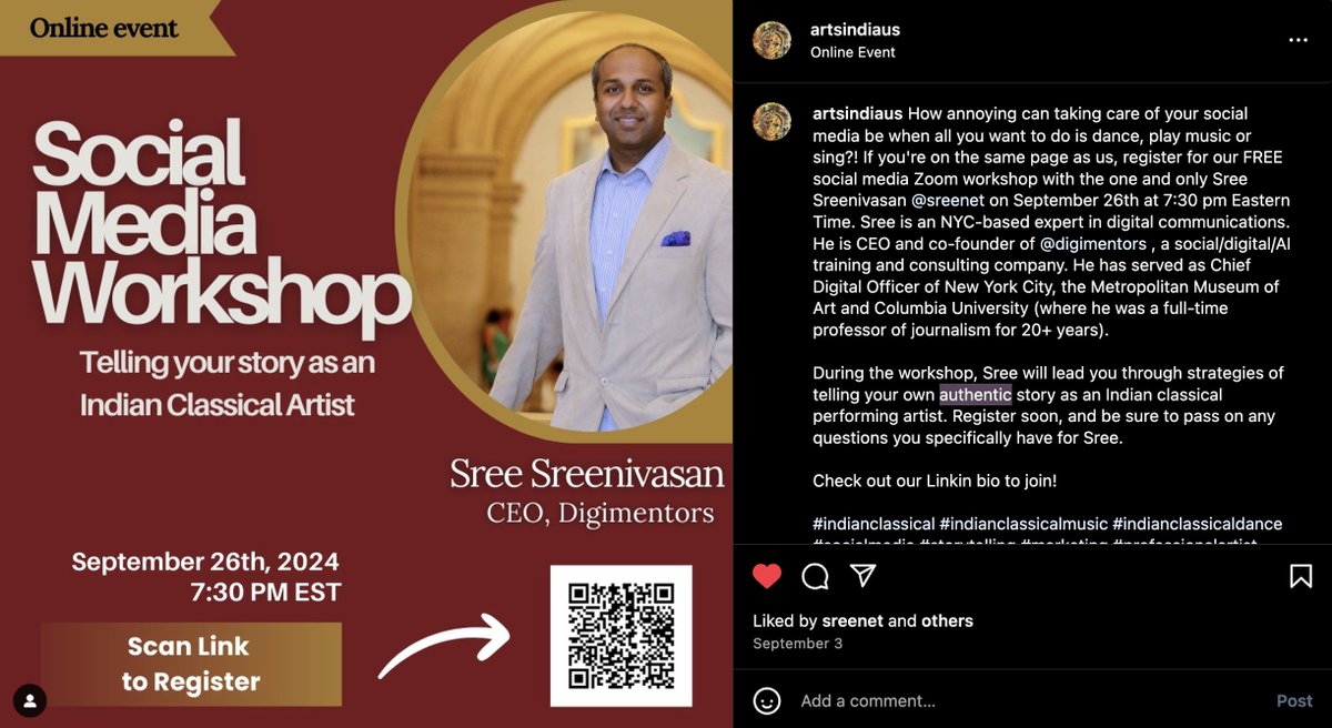 Free Zoom social media workshop for all musicians, dancers, etc. Organized by Arts India US and taught by me + <a href="/digimentors/">Digimentors</a>. Aimed at Indian artists, but free and open to all. Register here to attend:  docs.google.com/forms/d/e/1FAI… #sreetips