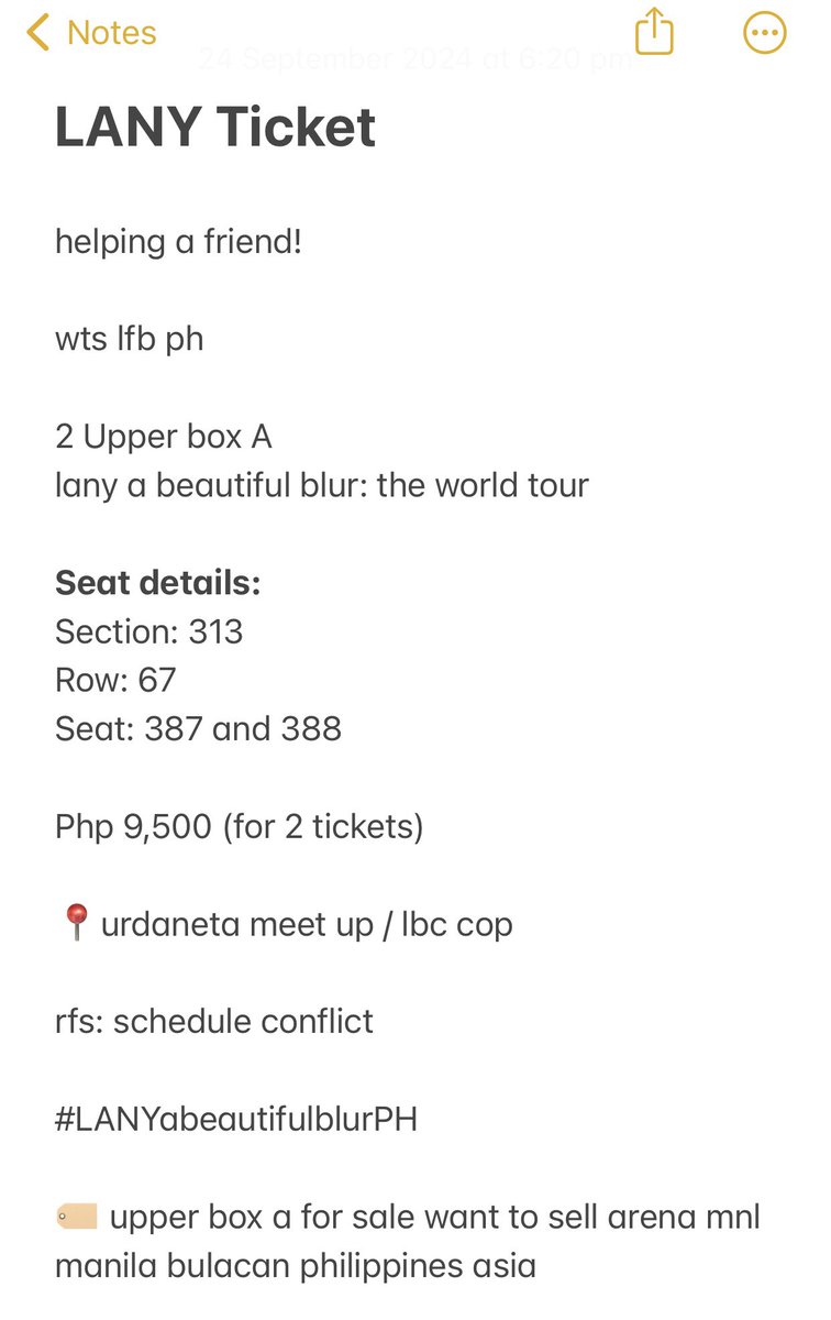 kyooooowt's tweet photo. helping a friend!

wts lfb ph

2 Upper box A
lany a beautiful blur: the world tour

Seat details: 
Section: 313
Row: 67
Seat: 387 and 388

Php 9,500 (for 2 tickets)

📍urdaneta meet up / lbc cop

rfs: schedule conflict 

#LANYabeautifulblurPH https://t.co/qNStU5VniO