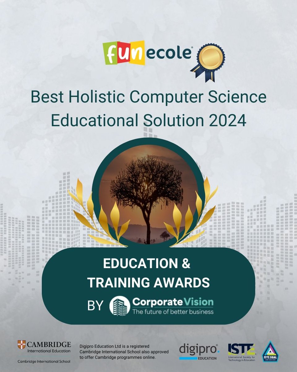 FUNecole's tweet image. We are thrilled to announce that FUNecole® has been awarded the Best Holistic Computer Science Educational Solution 2024 in the Education and Training Award category from Corporate Vision.
corporatevision-news.com/winners/funeco… #award #education #funecole #digipro
