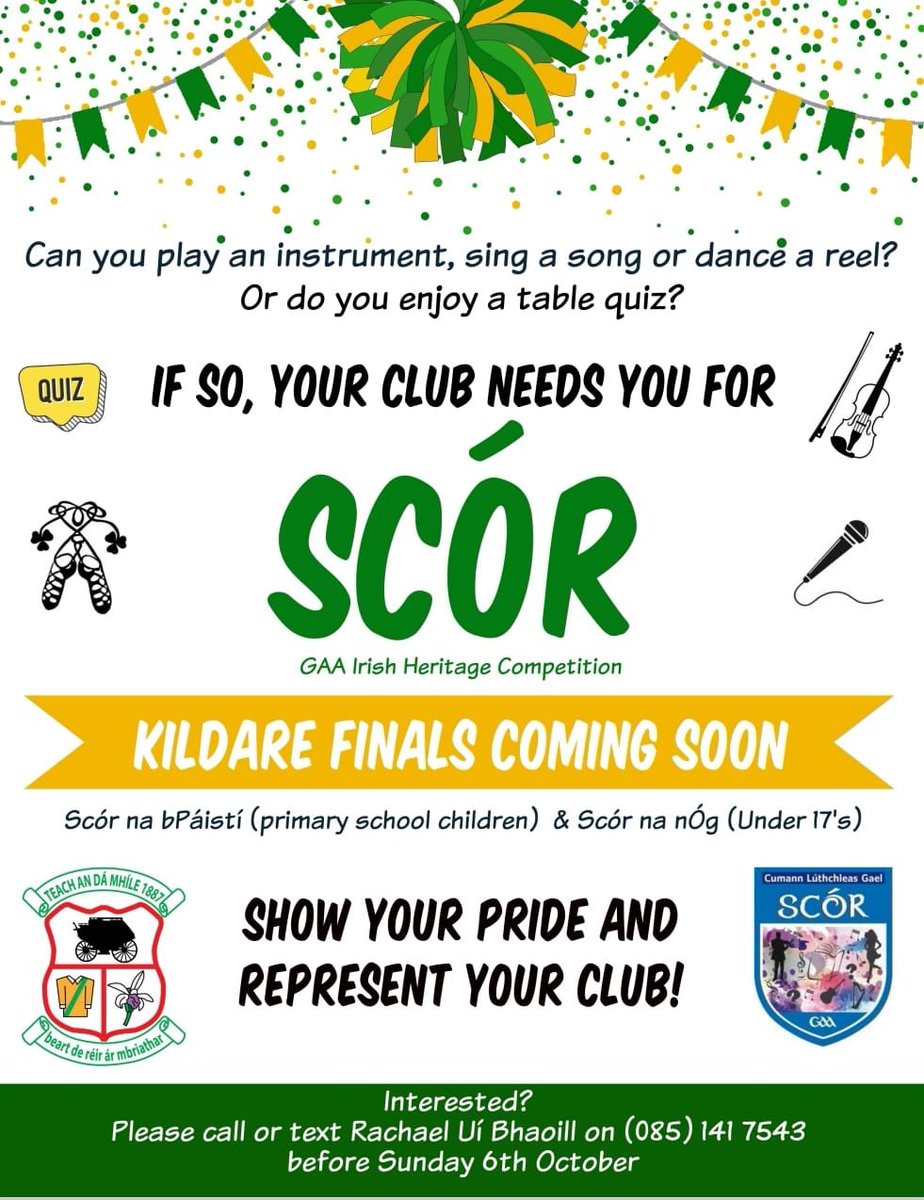 💛💚We would love to build our Scór presence this year. If you’d like to take part in the table quiz, sing, play an instrument or dance please contact Rachael (085) 1417543 before 6th Oct💛💚#honthehouse