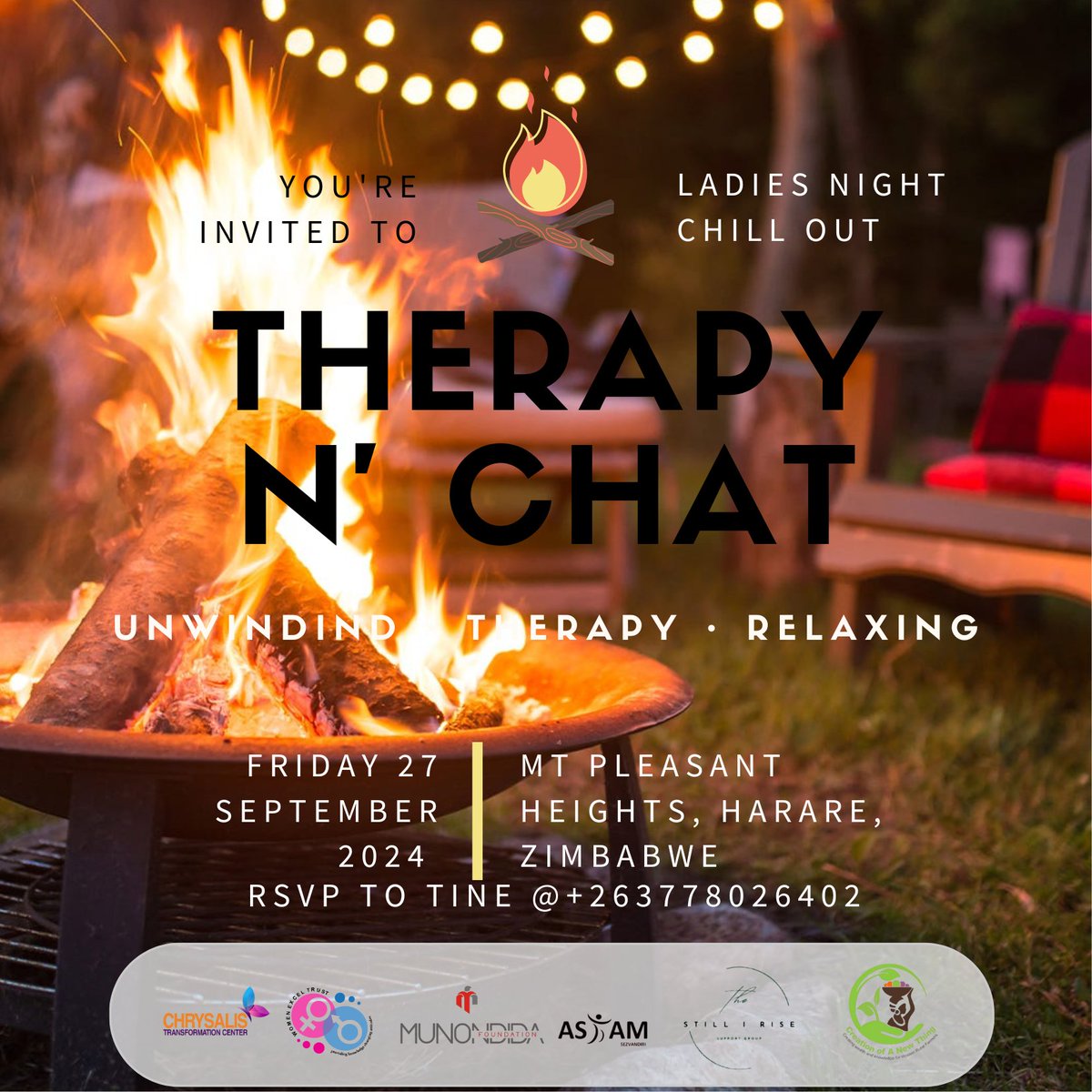WomenEmpow's tweet photo. Ladies, it’s time to unwind! 
Join us this Friday for #TherapyN_Chat—relax, chat, and heal around the fire. 
RSVP with Tine: +263778026402
#TherapyAndChat #LadiesNight #SelfCareSeptember #UnwindTogether
@AfricaAMHROA @DrMChipato @Aidsfonds_intl @SRHRAfricatrust https://t.co/eLMhdg3iTq