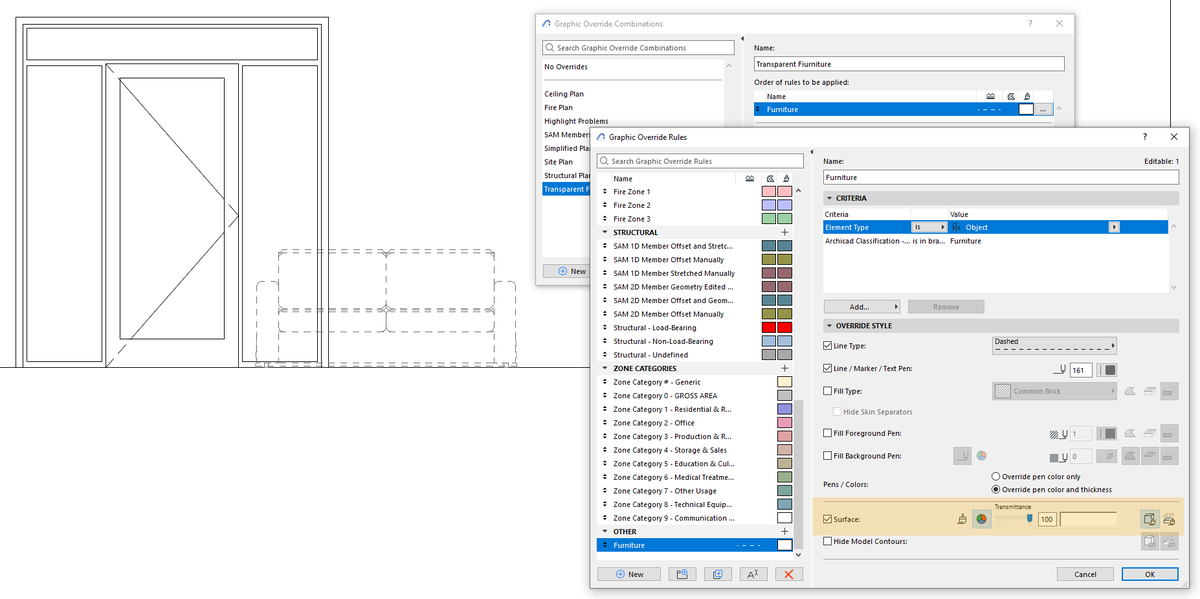 #ArchicadTip How to display elements in Section/Elevation/Interior Elevation Viewpoints as transparent using Graphic Overrides (you need to override the Surface, not the Fill Background):
community.graphisoft.com/t5/Documentati…
