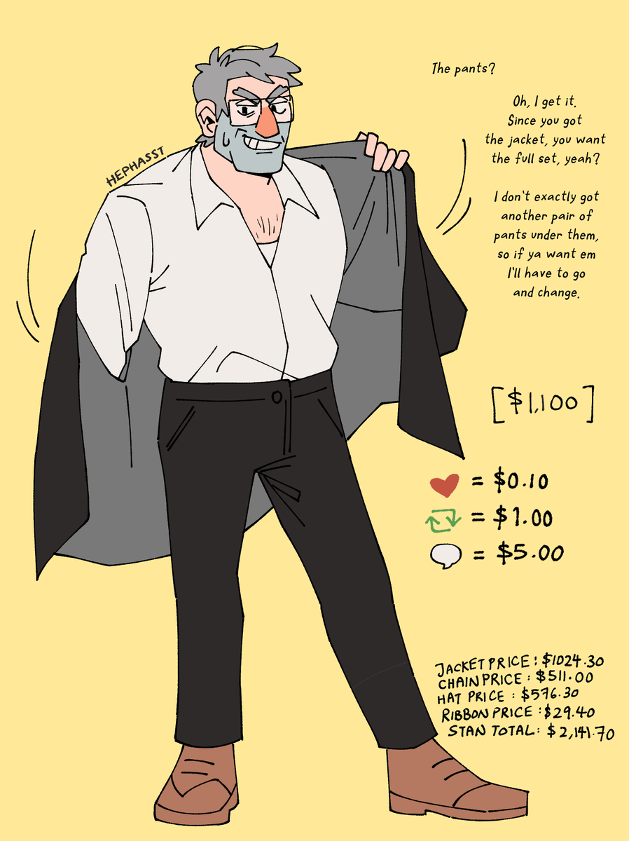 hephasst's tweet photo. Stan total: $2141.70
How much for them pants? 🫢
(Vote for the next item in the replies!) https://t.co/FXzN6B5WqT