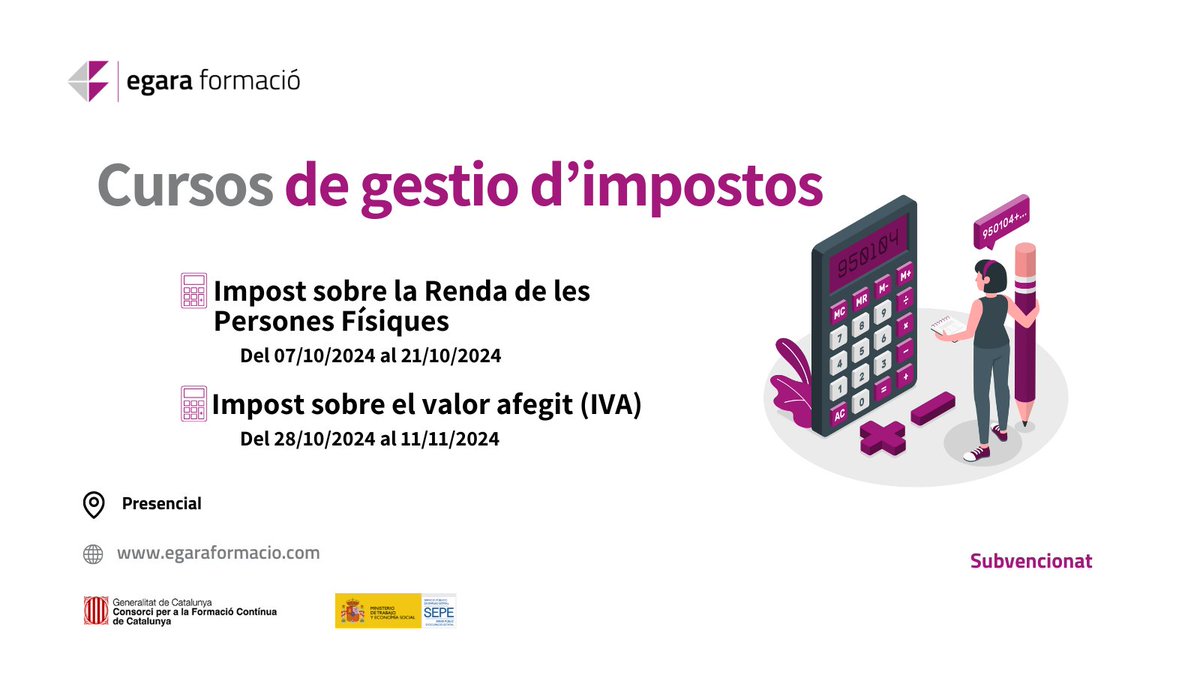 EgaraFormacio's tweet photo. 📢 Domina els impostos amb els nostres cursos especialitzats d’IVA i IRPF! 🎓
Troba el curs que millor s'ajusti a les teves necessitats i controla els teus impostos! 

🔎 És imprescindible disposar de càmera i micròfon
Inscriu-te  👉 https://t.co/exd7rqOZHE https://t.co/xb78dwUVmN