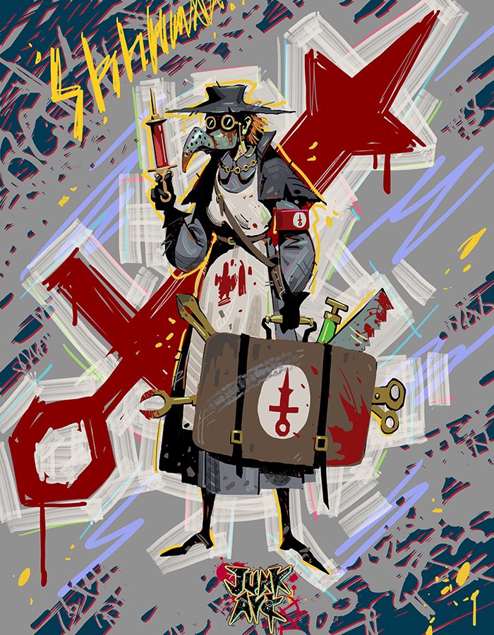 Bloodwell, the phlebotomist. She specializes in the art of blood, drawing and transfusing. The blood is mixed by her all around world.

#plaguedoctorart #indiegamecharacter #gamecharacterart #doctorcharacter #healercharcter #junkark #burningbone #darkfantasyart #streetstyleart