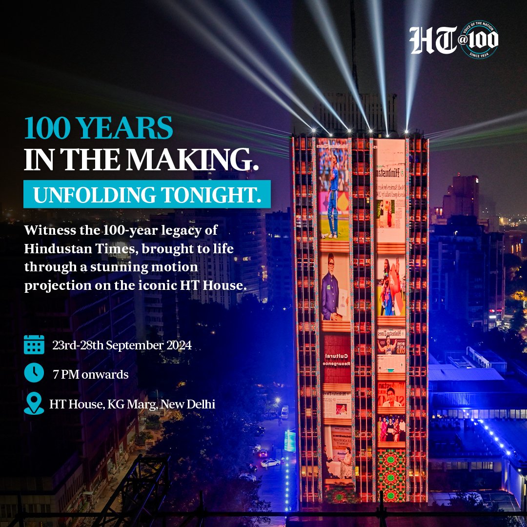 livemint's tweet photo. Experience 100 years of @htTweets tonight with a breathtaking motion projection on the iconic HT House! 

🗓️ 23rd-28th Sept 2024
⏰ 7 PM onwards
📍 HT House, KG Marg, New Delhi

#HTat100 #HindustanTimes #VoiceOfTheNation #HTturns100 #HT100years https://t.co/fFzbHE7J4y