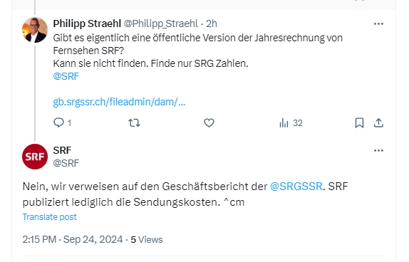 Philipp_Straehl's tweet photo. Die Jahresrechnung der SRF ist geheim.
Bezahlen ja. Transparenz nein.
Interessant.
D.h. auch, dass die Sparmassnahmen evt. politisch motiviert sind. Niemand kann es nachprüfen.

https://t.co/JCYMaRpfQZ https://t.co/xIrwjIgoXO