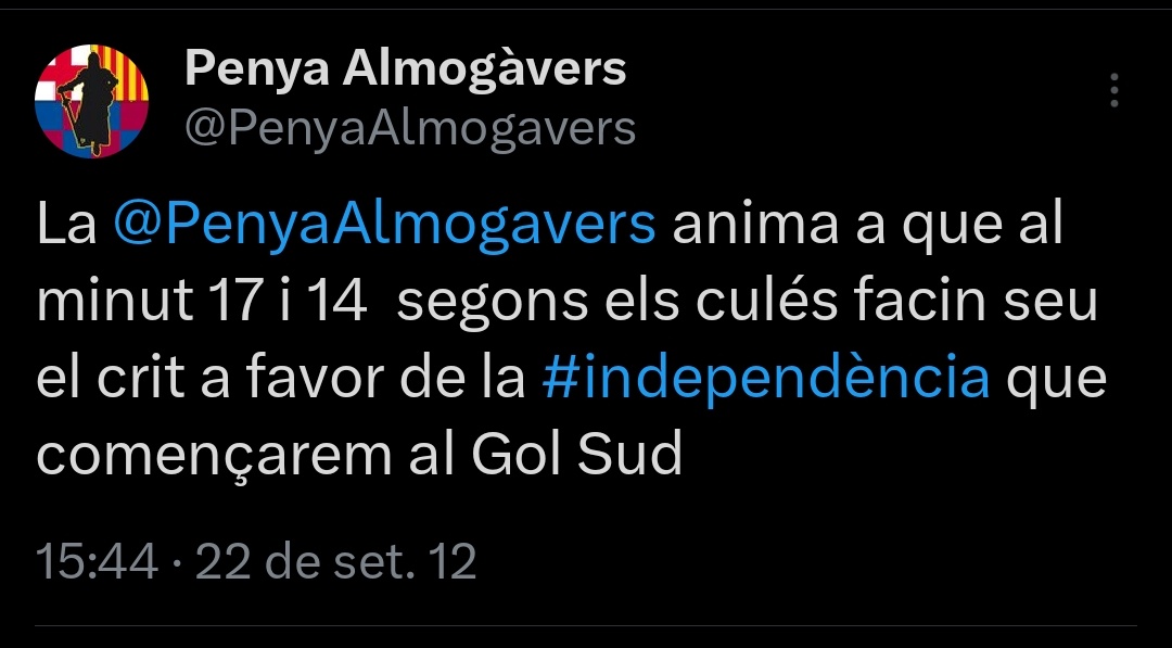 PenyaAlmogavers's tweet photo. Fa 12 anys vam començar a reivindicar des de la grada la independència del nostre país. 
Darrerament amb la presència de tants turistes a Montjuïc els crits d'independència al minut 17:14 no ressonen tant.
Us animem a continuar reivindicant la independència de Catalunya al 17:14! https://t.co/m9nwubUASu