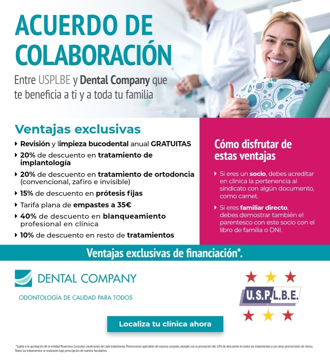 Buenos días 
𝙐𝙎𝙋𝙇𝘽𝙀 ha cerrado acuerdo de colaboración con  𝘿𝙀𝙉𝙏𝘼𝙇 𝘾𝙊𝙈𝙋𝘼𝙉𝙔 🏥 para que nuestr@s afiliad@s puedan beneficiarse de las siguientes ventajas. No las dejes escapar......
                       𝙐𝙎𝙋𝙇𝘽𝙀, 𝘼𝙁𝙄𝙇𝙄𝘼𝙏𝙀