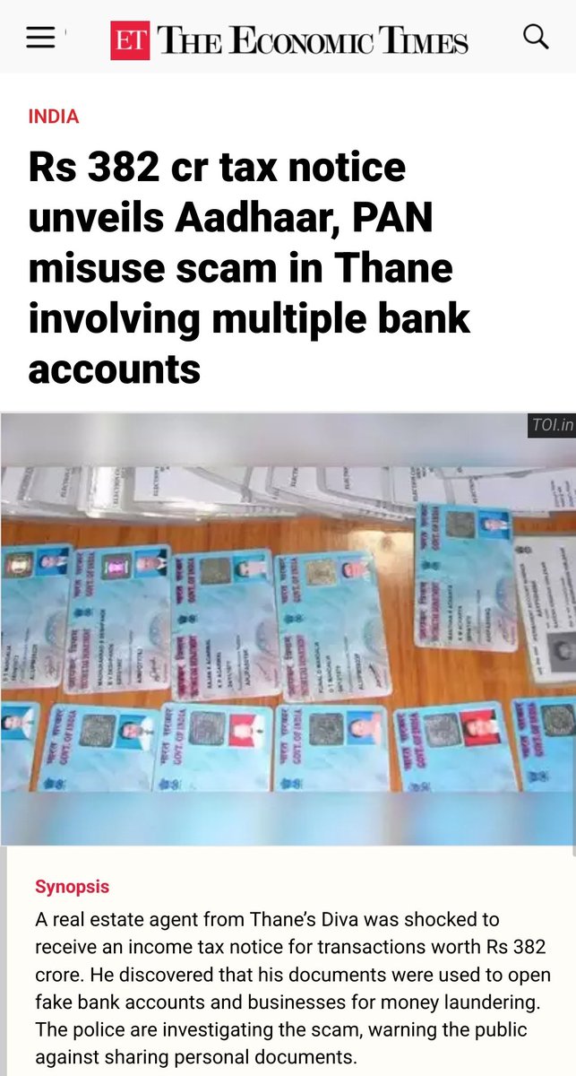 Orionis57's tweet photo. Aadhaar Enabled Fake Identity System (#AEFIS)

Aadhaar, PAN used to open multiple bank accounts and create fake businesses. These accounts were then used for substantial financial transactions amounting to Rs 382 crore.

"Aadhaar will stop frauds"

https://t.co/hdwoPgotdy https://t.co/QfKOlvU5eM