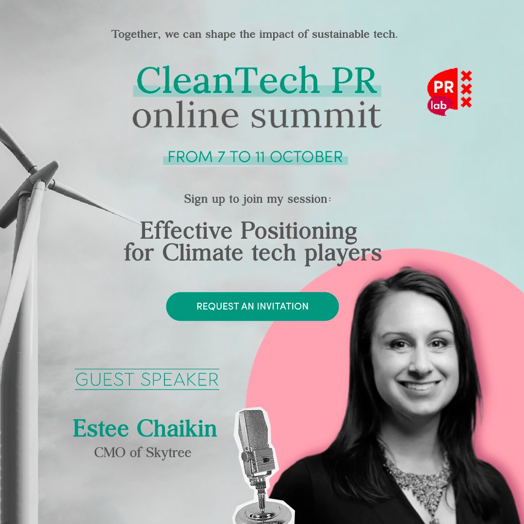PRLab_Hub's tweet photo. What does it take to cut through the noise in cleantech? Hint: It’s not just about the best solution, but how you position it. On October 7-11, Estee Chaikin, CMO of Skytree, shares 20+ years of expertise at the CleanTech PR Summit. Don’t miss it! 🌱 #CleanTechPR https://t.co/jrAtayuuuz