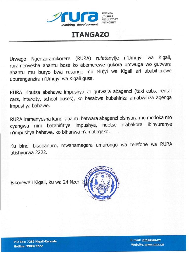 ITANGAZO: RURA ifatanyije na <a href="/CityofKigali/">City of Kigali</a>, iramenyesha abantu bose ko abemerewe gukora umwuga wo gutwara abantu mu buryo bwa rusange mu Mujyi wa Kigali ari ababiherewe uburenganzira n'Umujyi wa Kigali gusa.