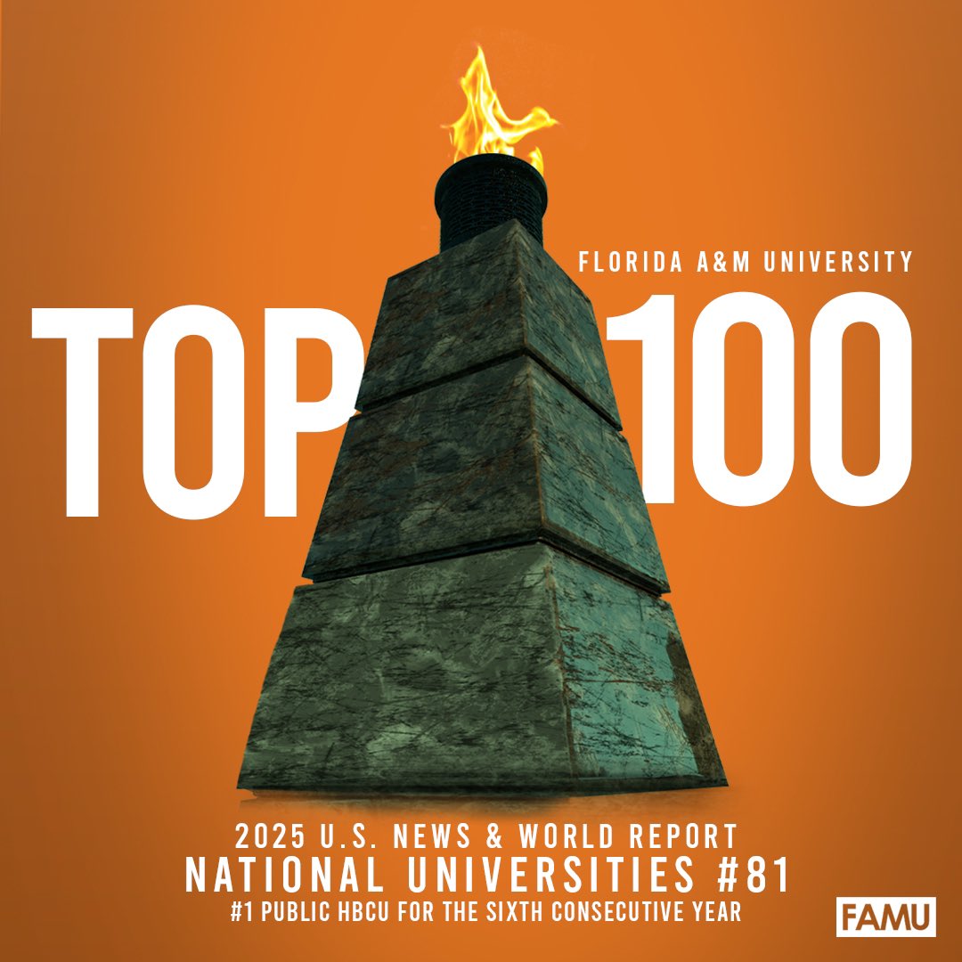 FAMU_1887's tweet photo. Breaking News 🌎 Florida A&amp;M University (FAMU) rose 10 places to reach No. 81 listed in the 2025 U.S. News &amp; World Report Top Public Universities 🐍🏆🎉 

Read more here: https://t.co/tQMKNA0mU1

Meet us at the Amphitheater at 1:30 p.m.

#FAMU #Top100 #TopPublicHBCU @usnews https://t.co/fzOrkIi5A5