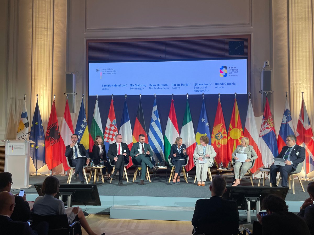 AspenGermany's tweet photo. At today's Business Forum, our director @stormy_mildner moderated ministers of economy from the Western Balkans for a timely discussion of regional economic integration, investment, &amp; development. Thank you to @BMWK @OstAusschuss @DIHK_News &amp; all the organizers! https://t.co/tVNCiBcaJs