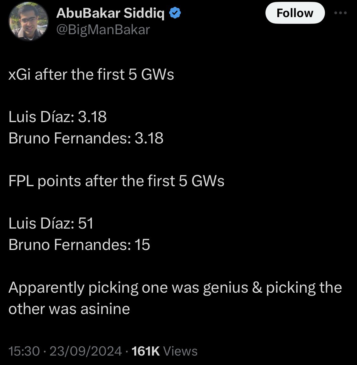 FPLPoliticsPain's tweet photo. Another “expert” who does nothing but complain when variance goes against him, clings onto selectively picked stats to justify poor decisions/advice, then has the ego to charge for said advice.

Are Bruno owners a bit unlucky? Yes. Is this cringe? Big yes https://t.co/RfkaO1x2pp