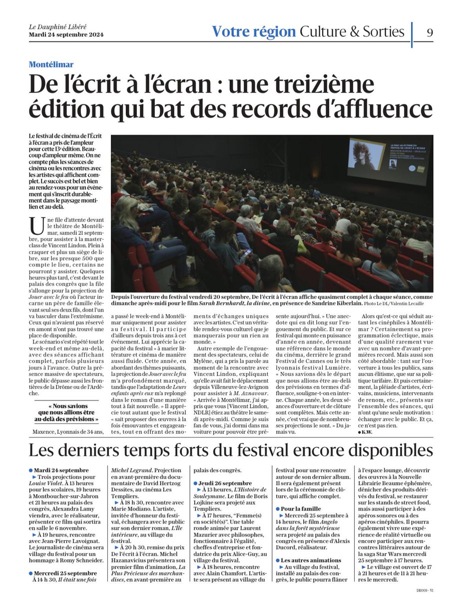 #delecritalecran2024 "Une 13e édition qui bat des records d'affluence" 

<a href="/auvergnerhalpes/">Auvergne-Rhône-Alpes</a>
<a href="/LeCNC/">Le CNC</a>
<a href="/MinistereCC/">Ministère de la Culture 🇫🇷</a>
<a href="/MCoeur_de_ville/">Montélimar Coeur de Ville</a>
#Drôme #AuvergneRhoneAlpes #festival #cinema