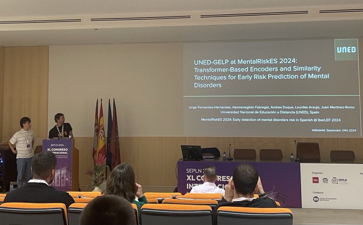 Juan Martinez-Romo (@jmartinezromo) on Twitter photo Andrés Duque Fernández y Jorge Fernández Hernández
<a href="/UNEDNLP/">nlp.uned.es</a> <a href="/UNED/">UNED</a> <a href="/ETSIIUNED/">ETSI Informática UNED</a> presents our work at MentalRiskES 2024 #iberlef2024 <a href="/iberlef/">IberLEF - Iberian Languages Evaluation Forum</a> <a href="/sepln/">SEPLN</a>. Paper available at ceur-ws.org/Vol-3756/Menta… Andrés Duque Fernández y Jorge Fernández Hernández
<a href="/UNEDNLP/">nlp.uned.es</a> <a href="/UNED/">UNED</a> <a href="/ETSIIUNED/">ETSI Informática UNED</a> presents our work at MentalRiskES 2024 #iberlef2024 <a href="/iberlef/">IberLEF - Iberian Languages Evaluation Forum</a> <a href="/sepln/">SEPLN</a>. Paper available at ceur-ws.org/Vol-3756/Menta…