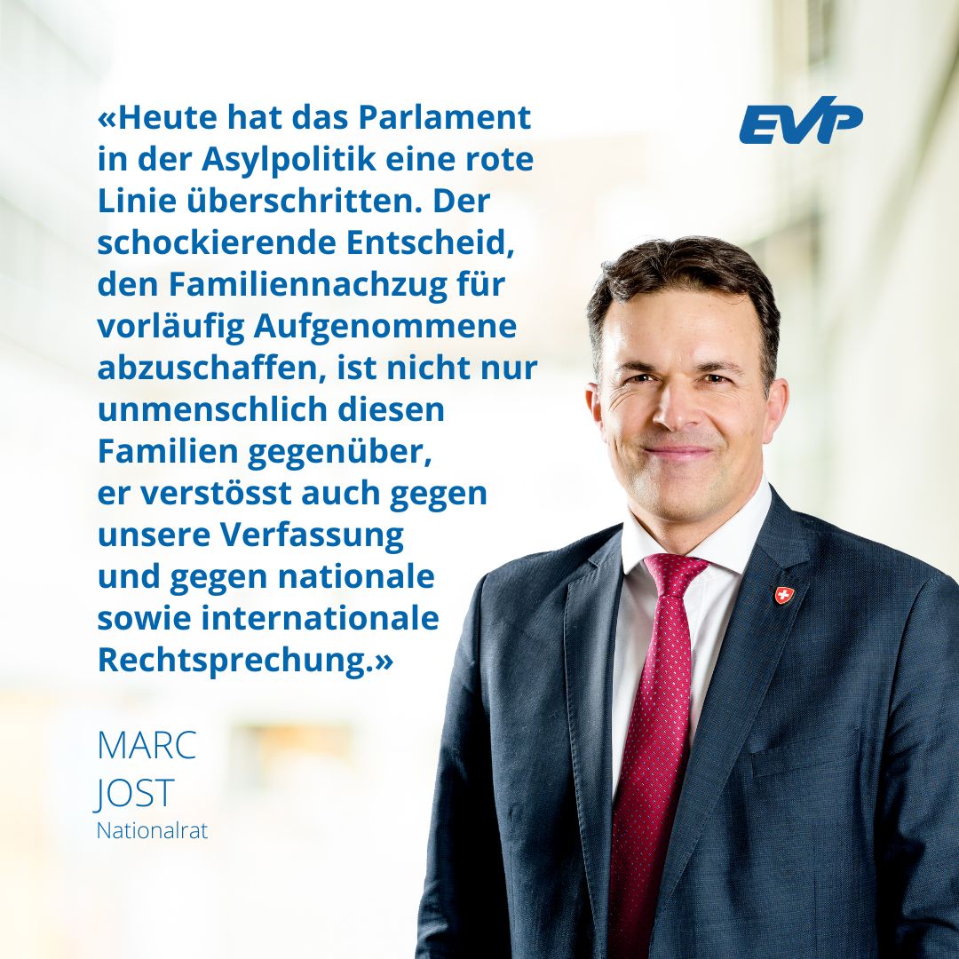 EVP Schweiz (@evppev) on Twitter photo Völkerrechtswidrig: Rote Linie beim Asylrecht überschritten.
Eine bürgerliche Parlamentsmehrheit will das Asylrechts massiv verschärfen. Für die EVP wird mit der Beschneidung des Rechts auf Familiennachzug eine rote Linie überschritten.
Medienmitteilung: evppev.ch/newsartikel/vo… Völkerrechtswidrig: Rote Linie beim Asylrecht überschritten.
Eine bürgerliche Parlamentsmehrheit will das Asylrechts massiv verschärfen. Für die EVP wird mit der Beschneidung des Rechts auf Familiennachzug eine rote Linie überschritten.
Medienmitteilung: evppev.ch/newsartikel/vo…