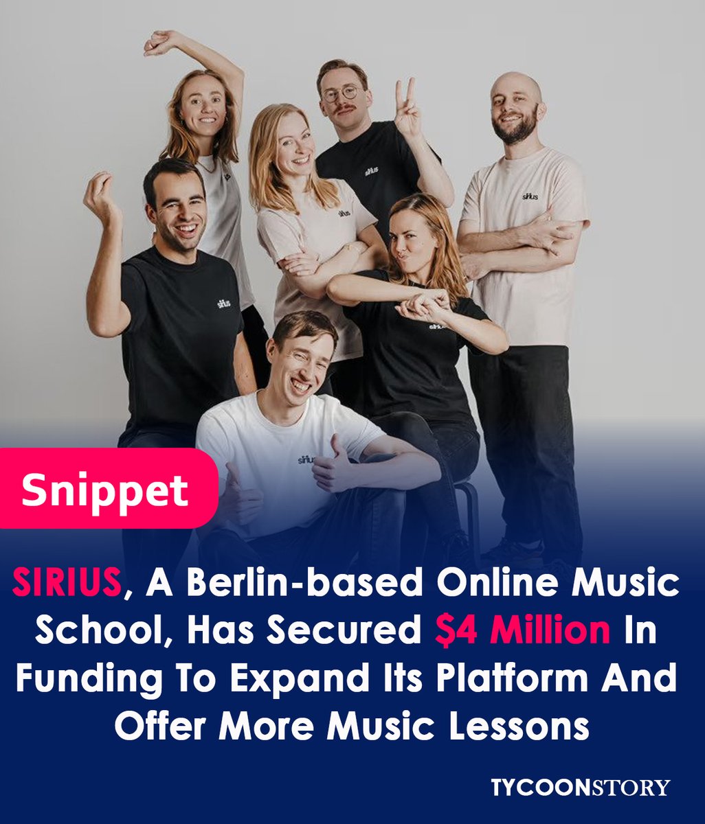 TycoonStoryCo's tweet photo. SIRIUS Music School Startup Raises $4M! 

Offering flexible online lessons with AI tools to help music teachers focus more on students. 🚀

#musiced #edtech #ai #musiceducation  #berlinstartups #musicedtech #startupfunding #digitallearning #remotelearning 
https://t.co/ZRjBOSKpPJ https://t.co/erqiKSu092