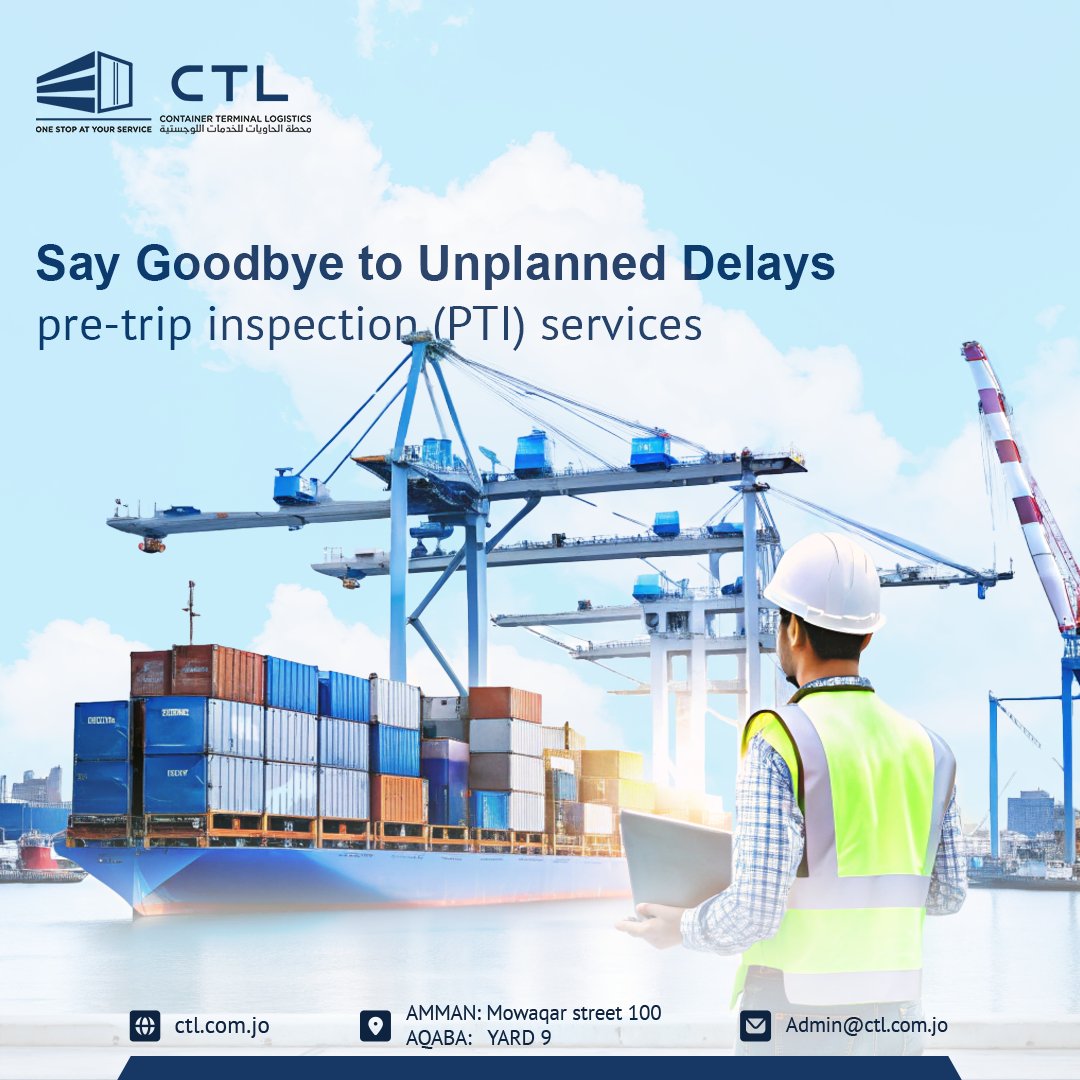 CTL_Logistics's tweet photo. Say Goodbye to Unplanned Delays
📞+962 7 9785 2140
📧 Admin@ctl.com.jo
🌐 https://t.co/iuyfwA6ZdS
#PTIServices #SmoothOperations #ShippingSolutions #CTL #PreTripInspection https://t.co/VHkRcRaCrq