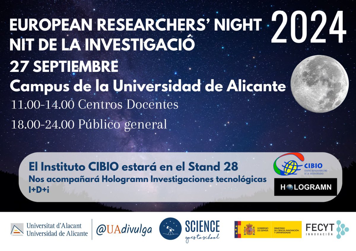El Institut Cibio participa de nou aquest any a l'European Researchers' Night-Nit de la Investigació aquest divendres 27 de setembre. Ens trobareu a l'Stand 28 🦋🐝🌿🌎
Ens acompanyarà Hologramn Investigacions tecnològics R+D+i, empresa de base tecnològica de la UA.