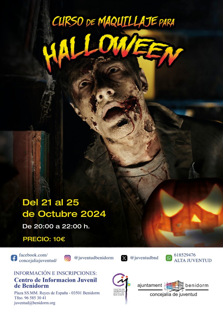 [CAS]
🎃 La Concejalía de Juventud va a realizar un curso de Maquillaje para Halloween.🐈‍

👉Será del 21 al 25 de octubre, de 20 a 22 horas. El precio de matrícula es de 10 €
Información e inscripciones Centro de Información Juvenil
