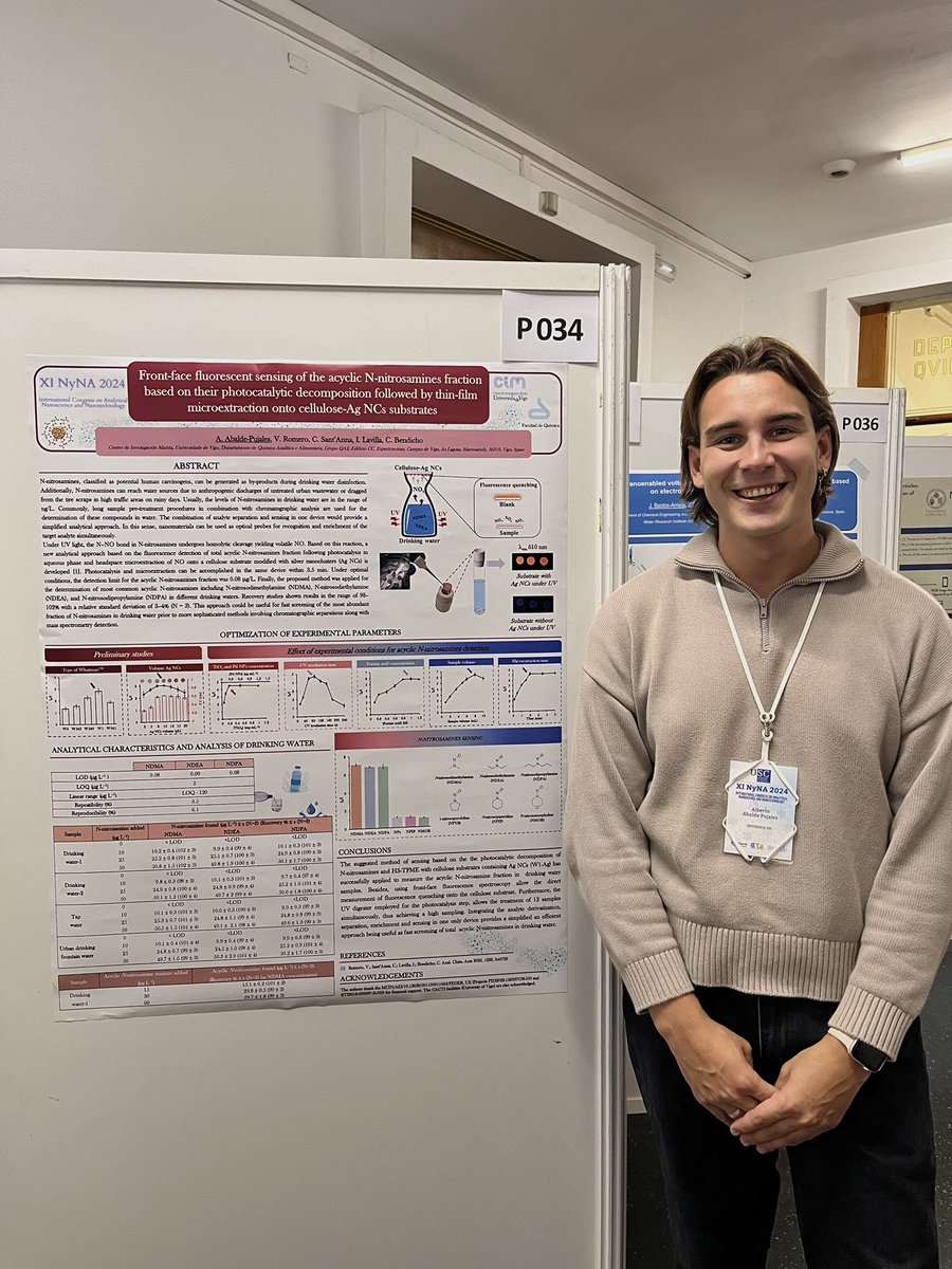 QA2_UVigo's tweet photo. Presenting during the congress posters with our results of synthesis, characterization and application of nanoparticles in environmental samples at XI NyNA 2024 @2024nyna 

Congratulations to the organization for the excellent work

See you in Valencia 2026!👋🏽

#nanoparticles https://t.co/90KJQMBiiC