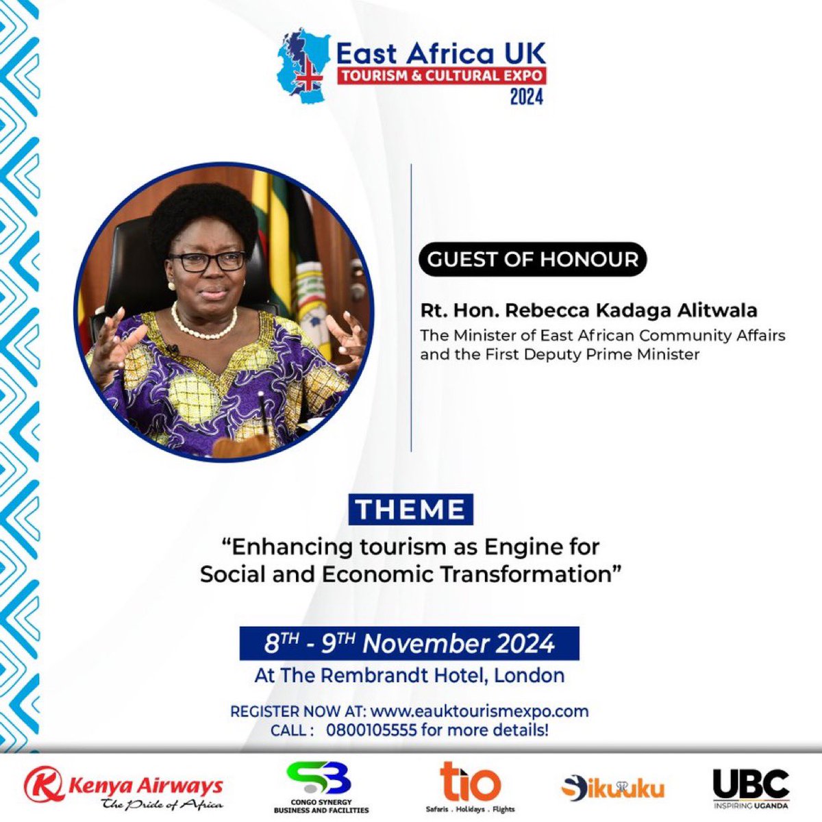 CanaryMugume's tweet photo. The East Africa UK Tourism & Cultural Expo 2024 is happening in London on November 8th & 9th at the Rembrandt Hotel. 

Get a chance to showcase your brand, connect with industry captains, and discover the East African tourism and culture. The Guest of Honor will be @RebeccaKadagaUG.

Exhibitors: Only £1,000
 Participants: Only £300

📢 Register here: https://t.co/Gr85XmWOEx  to secure your spot and be part of this transformative experience. 

+256754002555 || +256777062947

#EAUKExpo2024 #TourismAndCulture