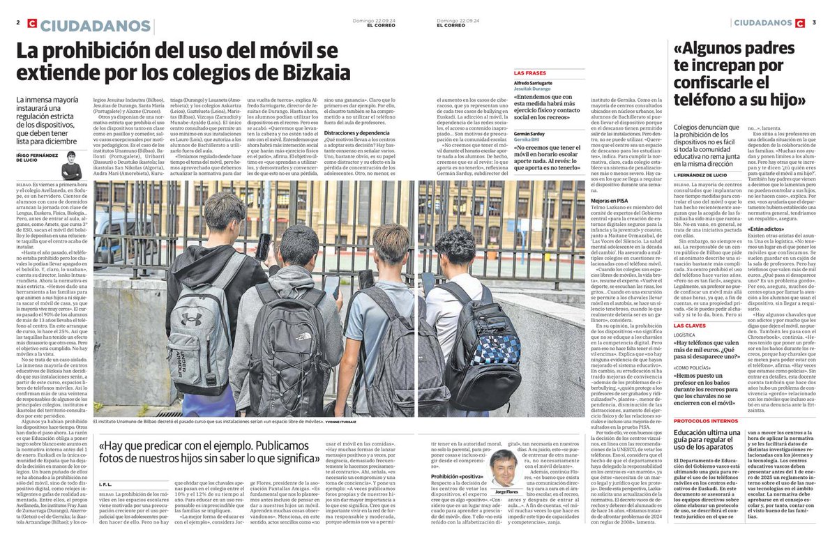 c_ontheline's tweet photo. Muy interesante el reportaje de  @iferdelucio publicado por el @elcorreo_com  este fin de semana sobre el uso del móvil y la edad de acceso. Como señala el Telmo Lazkano: sólo con prohibiciones en los colegios, pese a ser un buen primer paso, no se va a ninguna parte. https://t.co/dh9oOqOazb