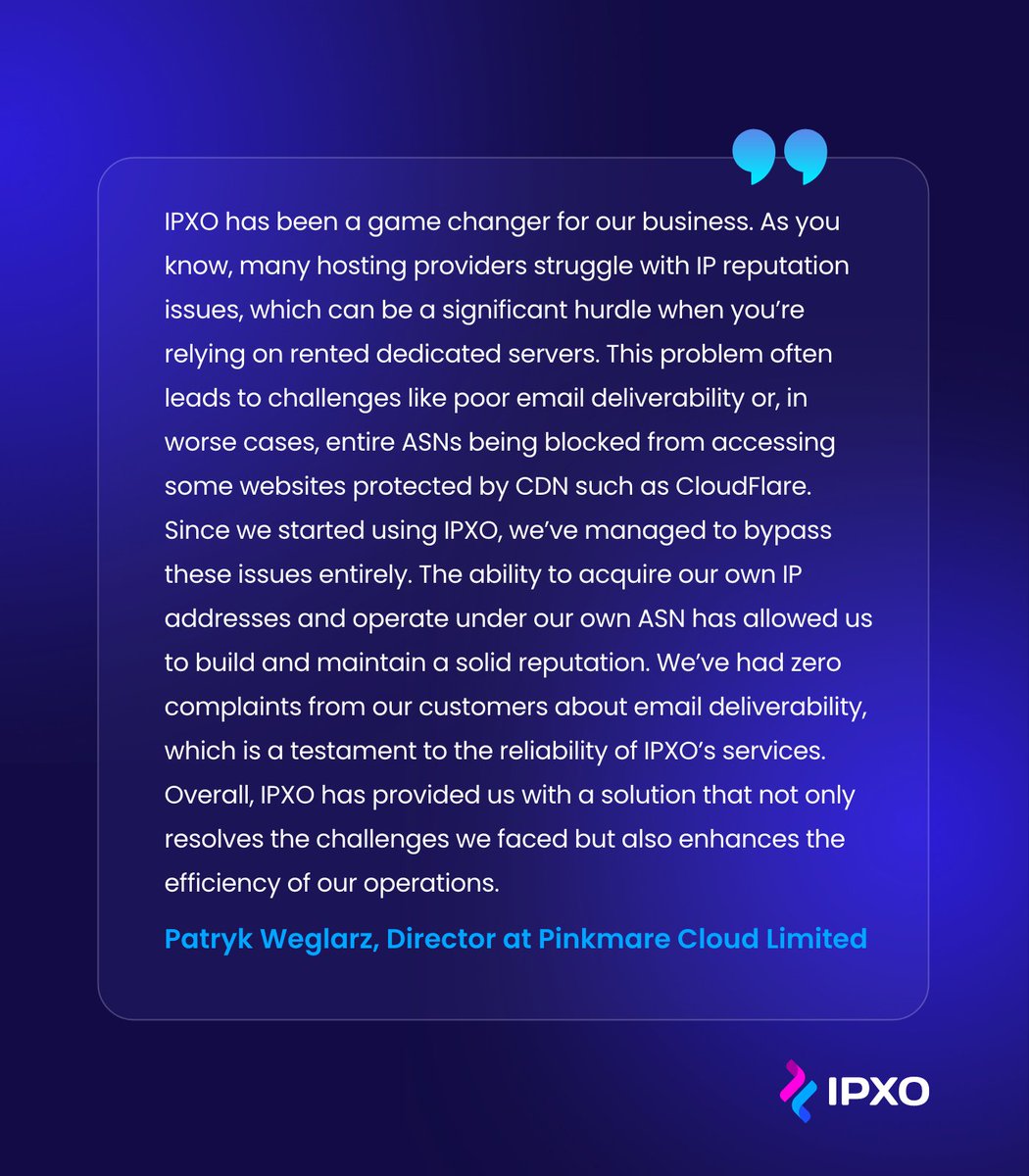 IPXOcom's tweet photo. Client feedback is the driving force for us here at #IPXO. And who doesn't love hearing great things about themselves? 🤭

Thank you, @PinkmareCloud, for choosing IPXO!

#IPv4 #IPv4Leasing https://t.co/Lh72xi6XUv
