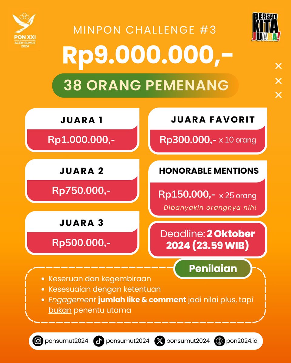 ponsumut2024's tweet photo. Abang dan Kakak, #MinponChallenge kembali lagi.

Ayo ikutan #MinponChallenge3. Ajak juga sedulur, kerabat, tetangga, gebetan, teman, dan gebetan teman.

Barangkali hadiahnya tidaklah besar, tetapi kesempatan menangnya sangat terbuka. Total ada 38 pemenang! Terbesar dibanding edisi sebelumnya. Sangat mungkin abang dan kakak salah satunya.

Foto: PB PON/Wahyudi Atmawan

#PON2024 #PONXXI2024 #PONXXIACEHSUMUT2024 #PONSumut2024 #BersatuKitaJuara